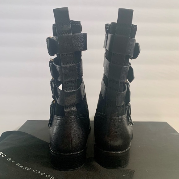 Marc By Marc Jacobs Gold Buckle Black Boots Moto Chic Leather Suede Straps - Picture 4 of 9